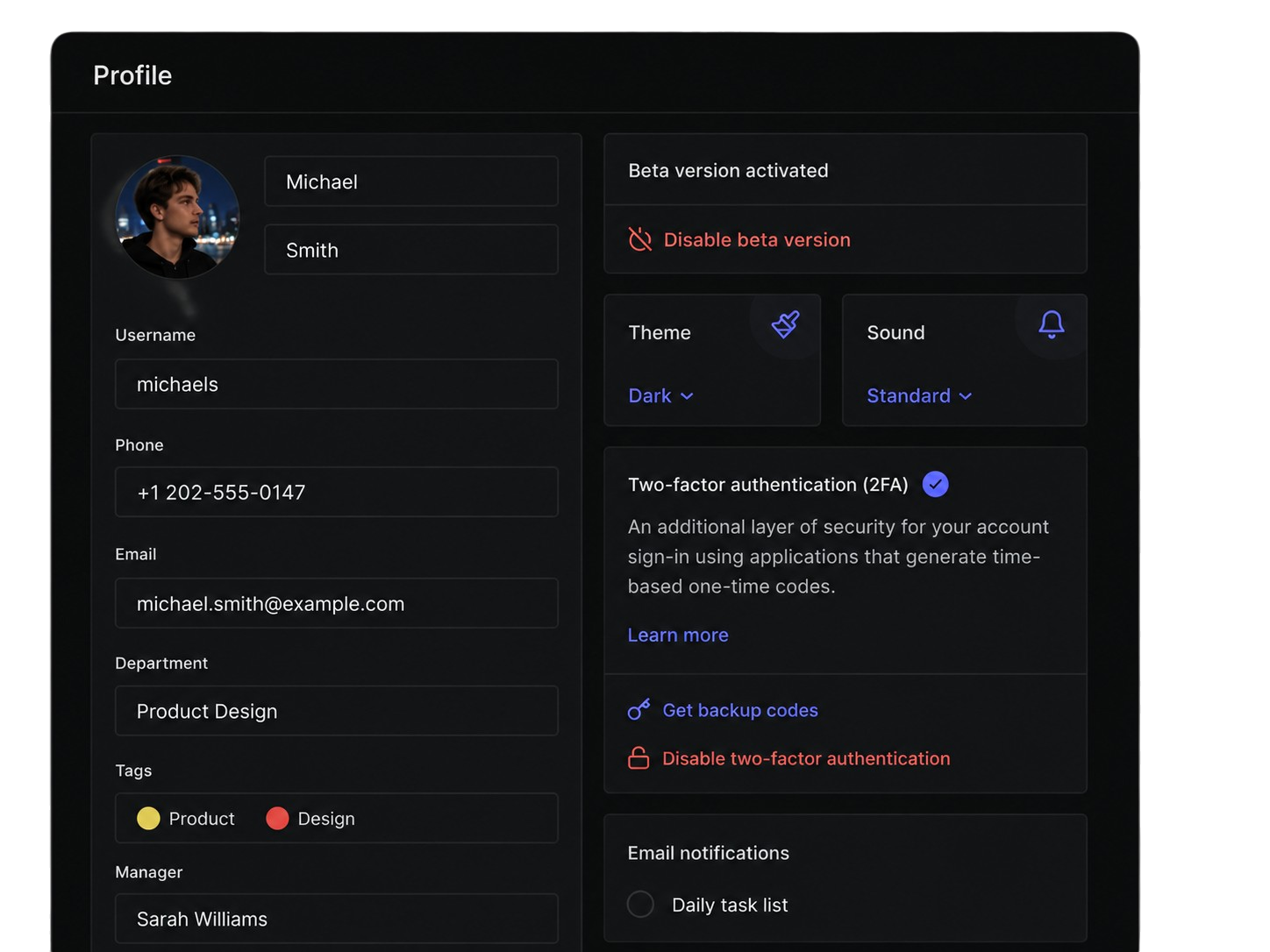 Two-factor authentication settings